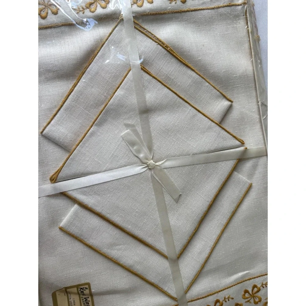 Vintage Linen Placemat Napkin Set 4 Gold Embroidered NOS Kaye Walt Creation
